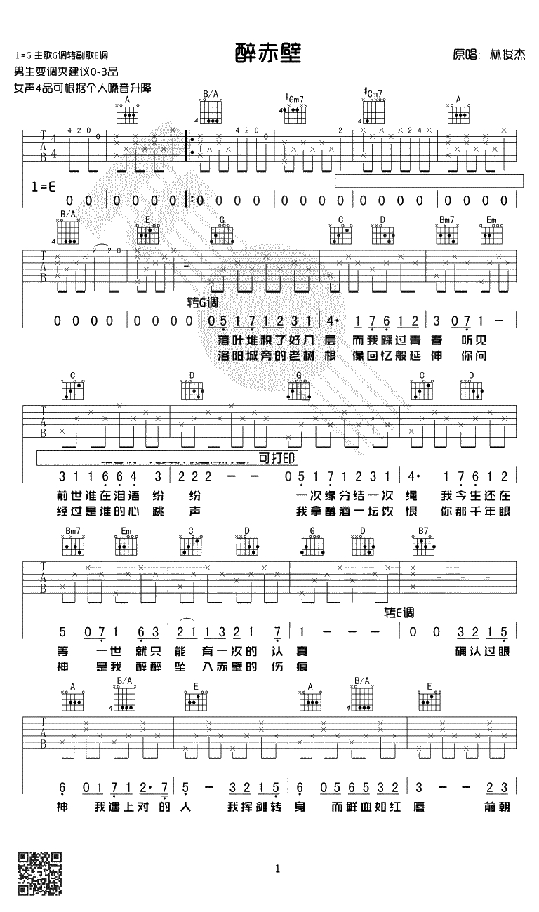 醉赤壁吉他谱-简单版-林俊杰-确认过眼神弹唱谱1