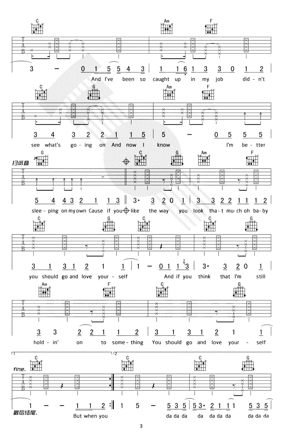 love yourself吉他谱-C调简单版-贾斯丁比伯-弹唱六线谱3