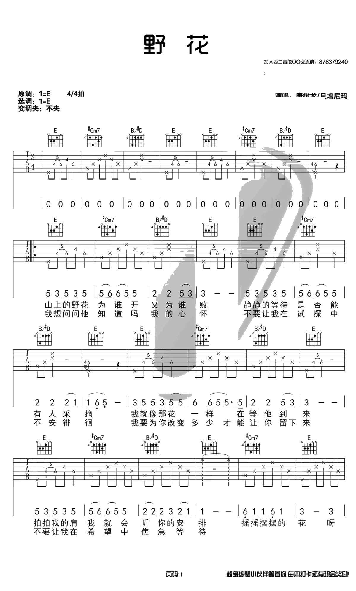 野花吉他谱-好声音康树龙/旦增尼玛-E调原版-1