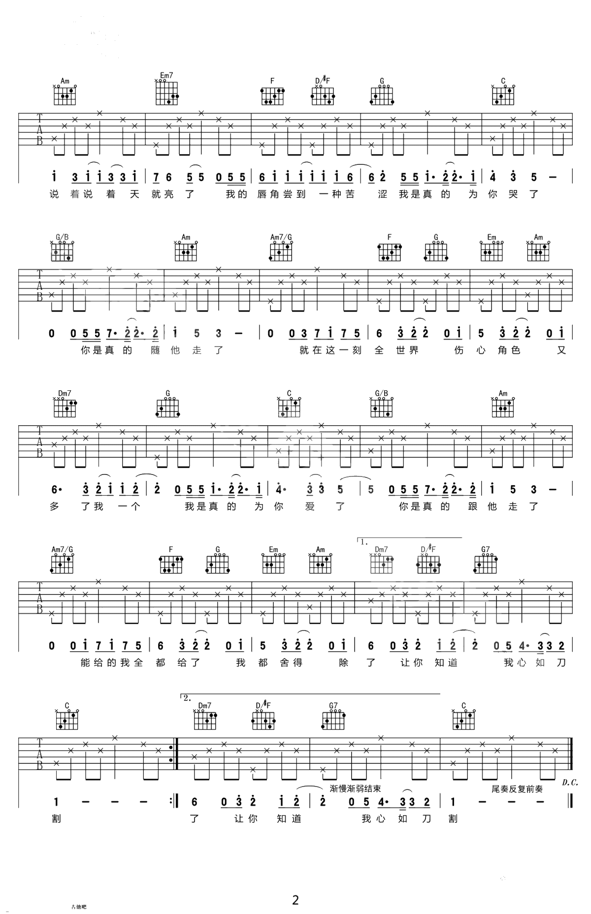 《心如刀割》吉他谱-张学友C调弹唱谱-高清六线谱2