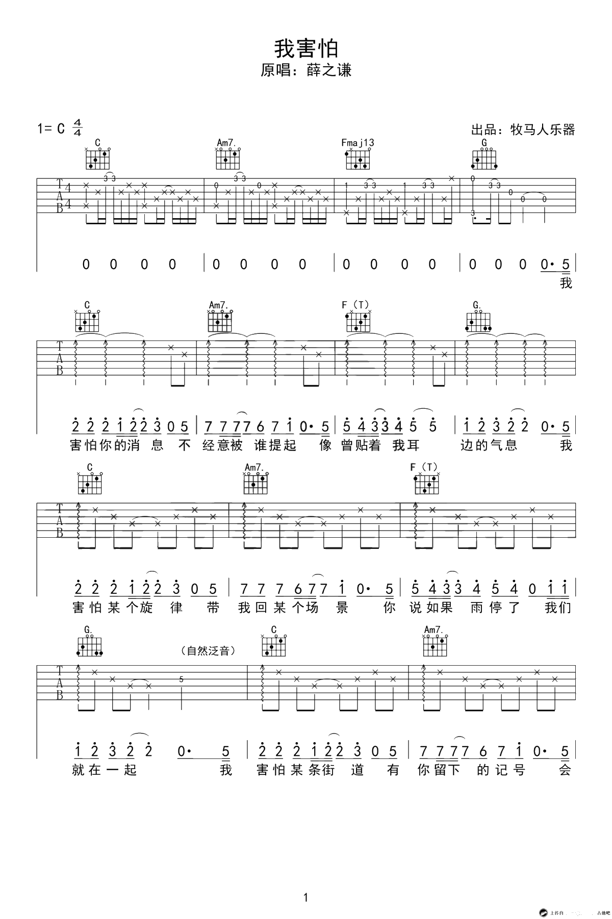 我害怕吉他谱-C调六线谱-薛之谦-高清完整版1