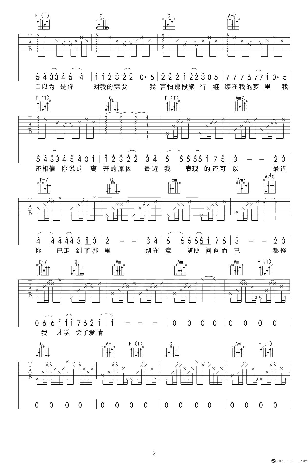 我害怕吉他谱-C调六线谱-薛之谦-高清完整版2