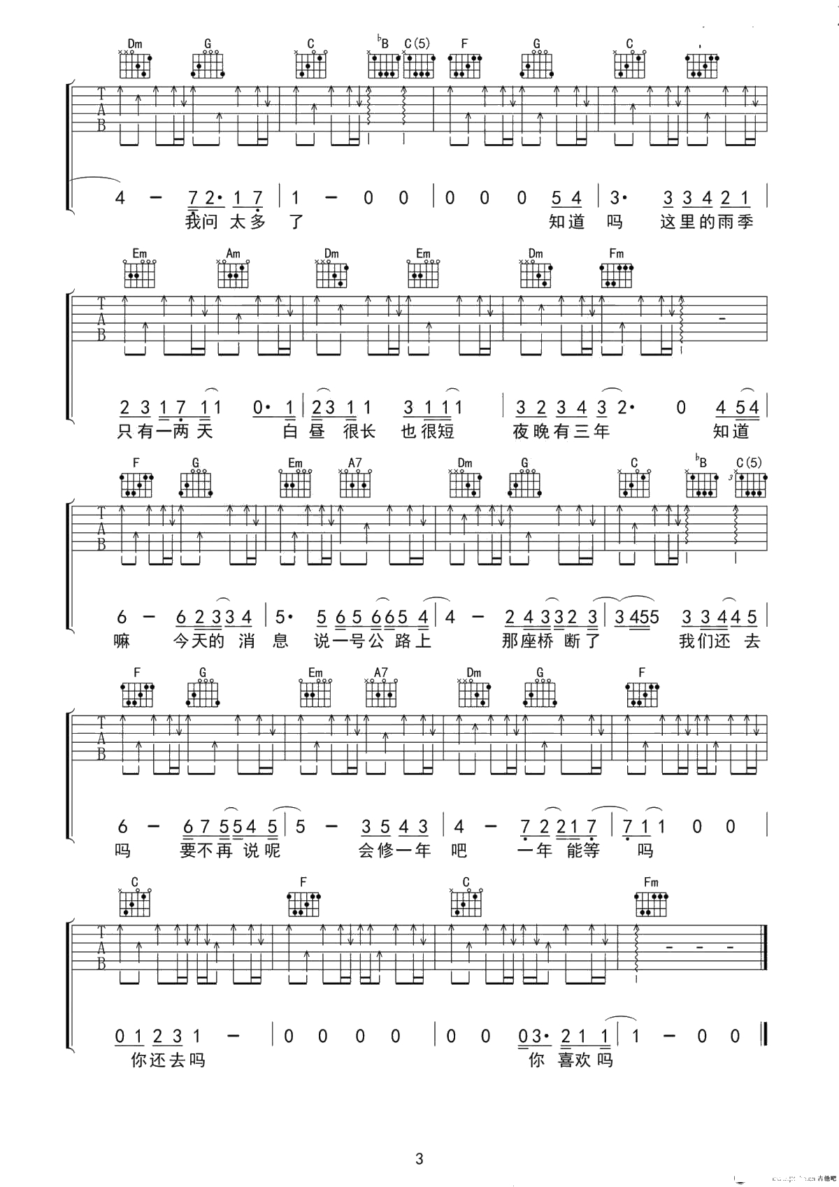 我喜欢上你时的内心活动吉他谱-C调原版六线谱--陈绮贞3