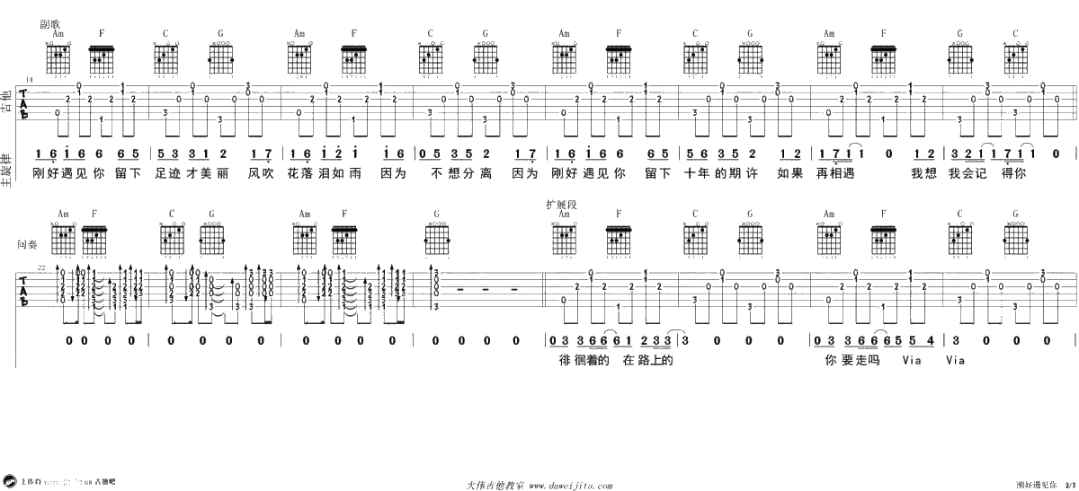 刚好遇见你吉他谱-C调女生版-李玉刚-弹唱2