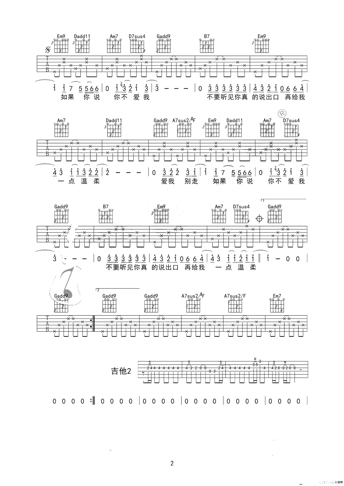 爱我别走吉他谱-张震岳G调版本-弹唱2
