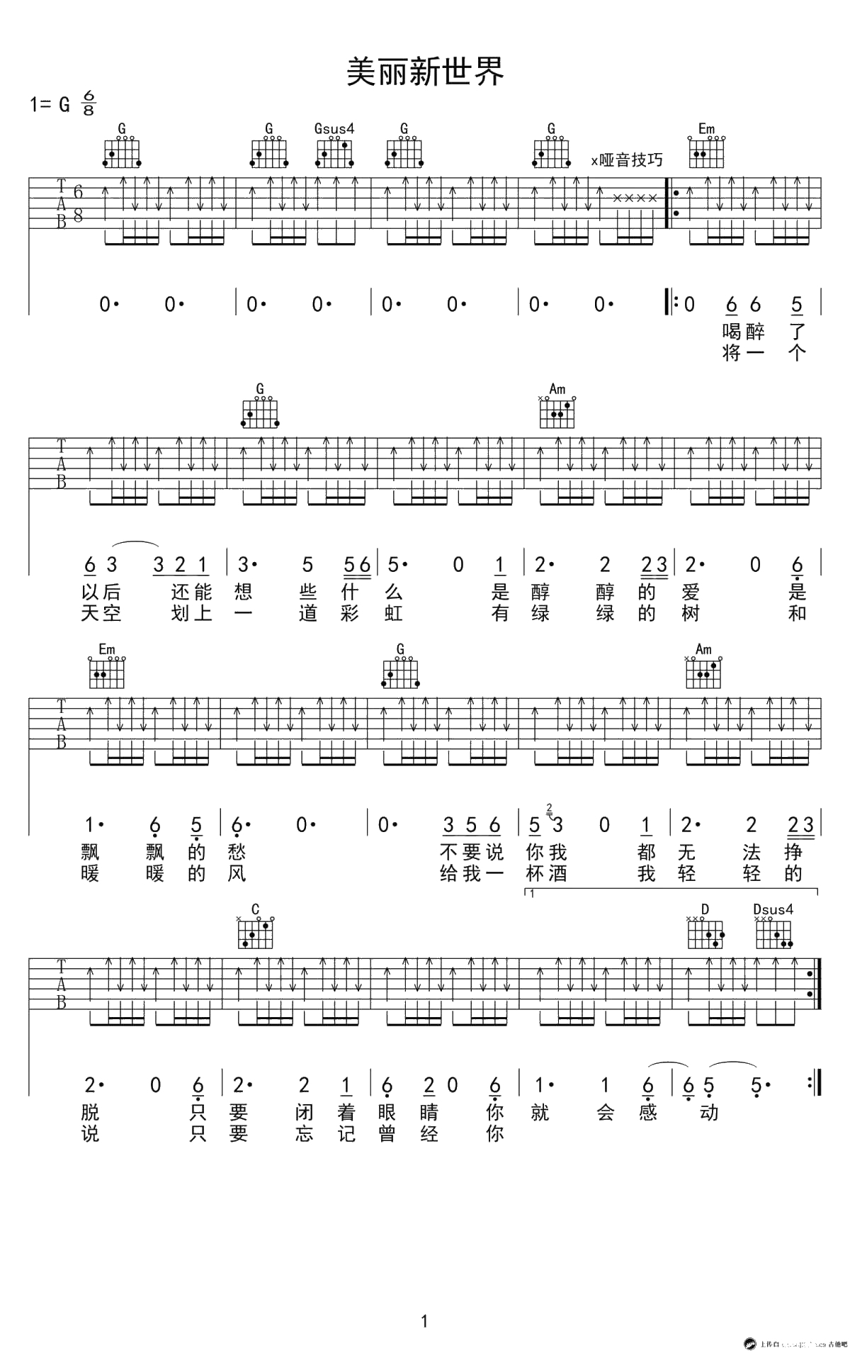 《美丽新世界》吉他谱-伍佰G调弹唱谱-六线谱1