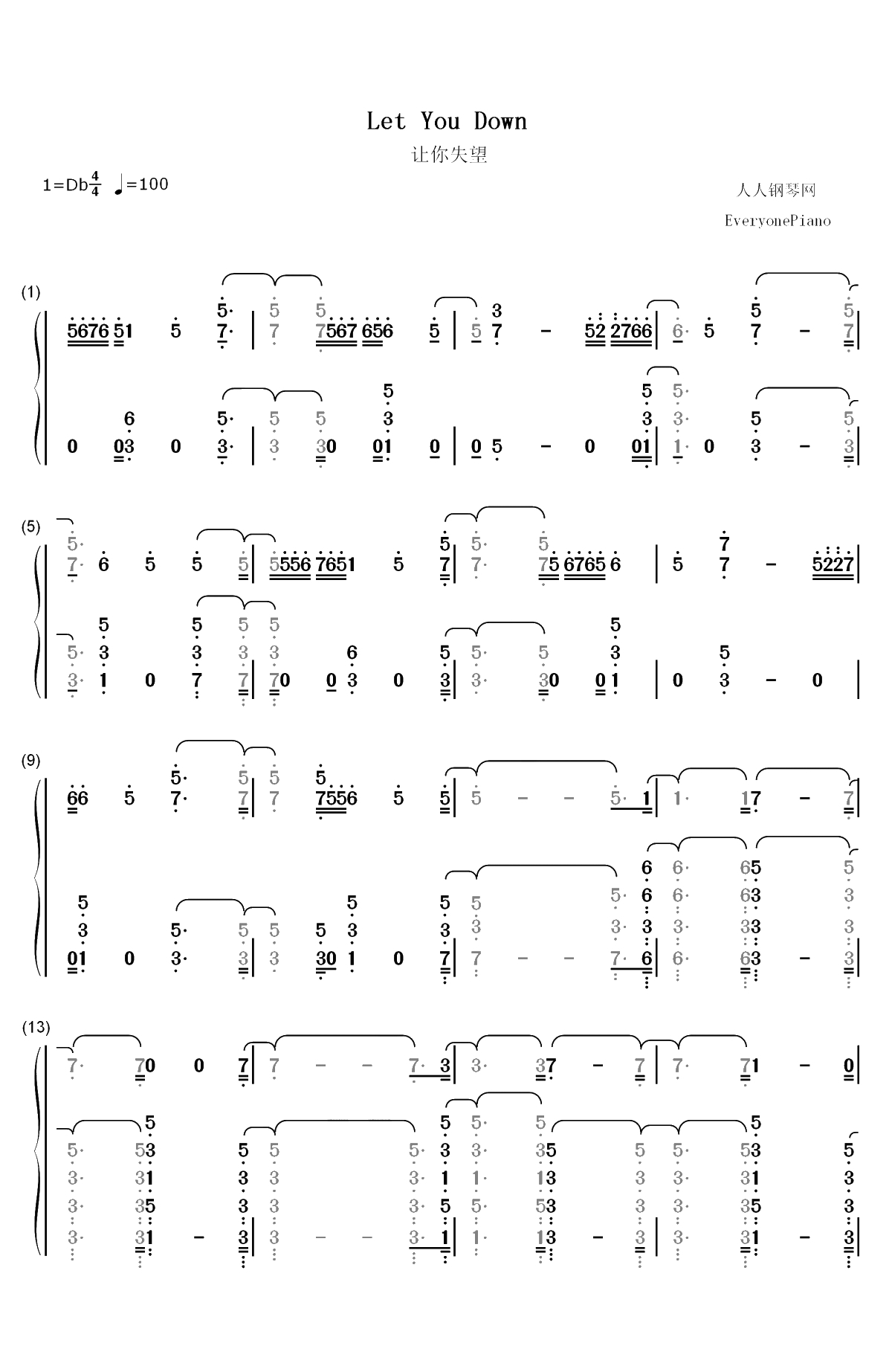 Let You Down-NF双手简谱预览1