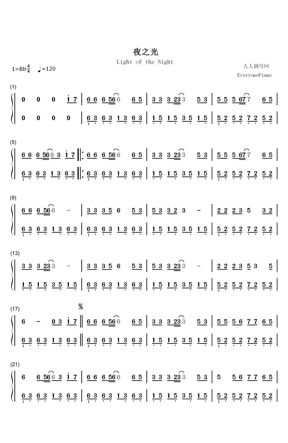 夜之光-我走过夜夜夜的黑做的梦梦梦最真-抖音热歌双手简谱预览1