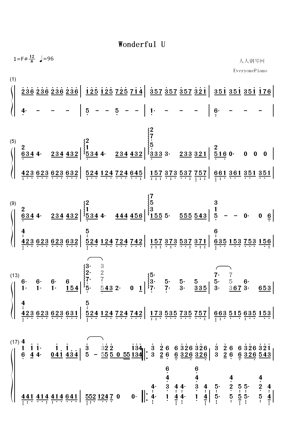 Wonderful U-完美独奏版双手简谱预览1