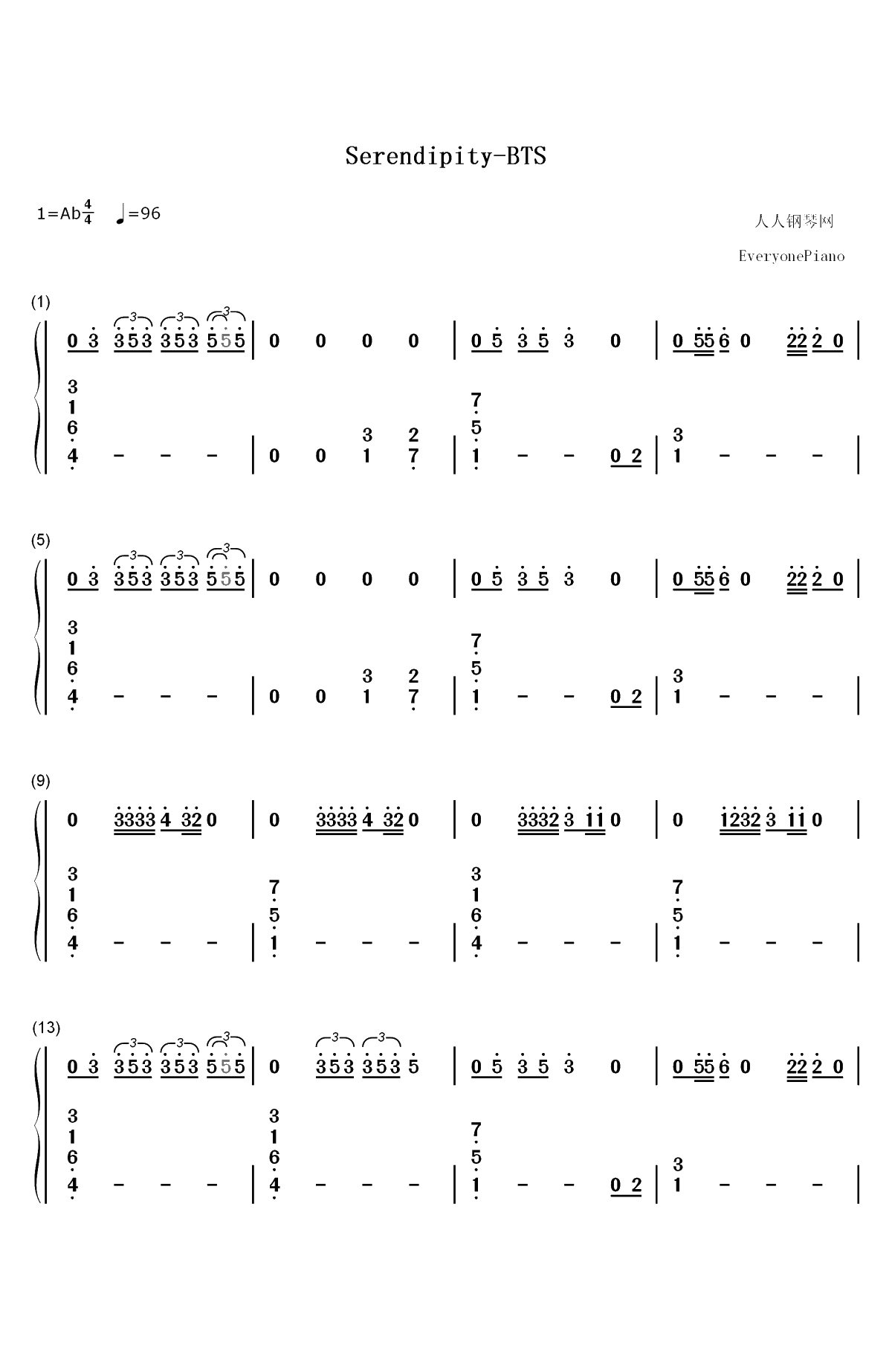 Serendipity-防弹少年团双手简谱预览1