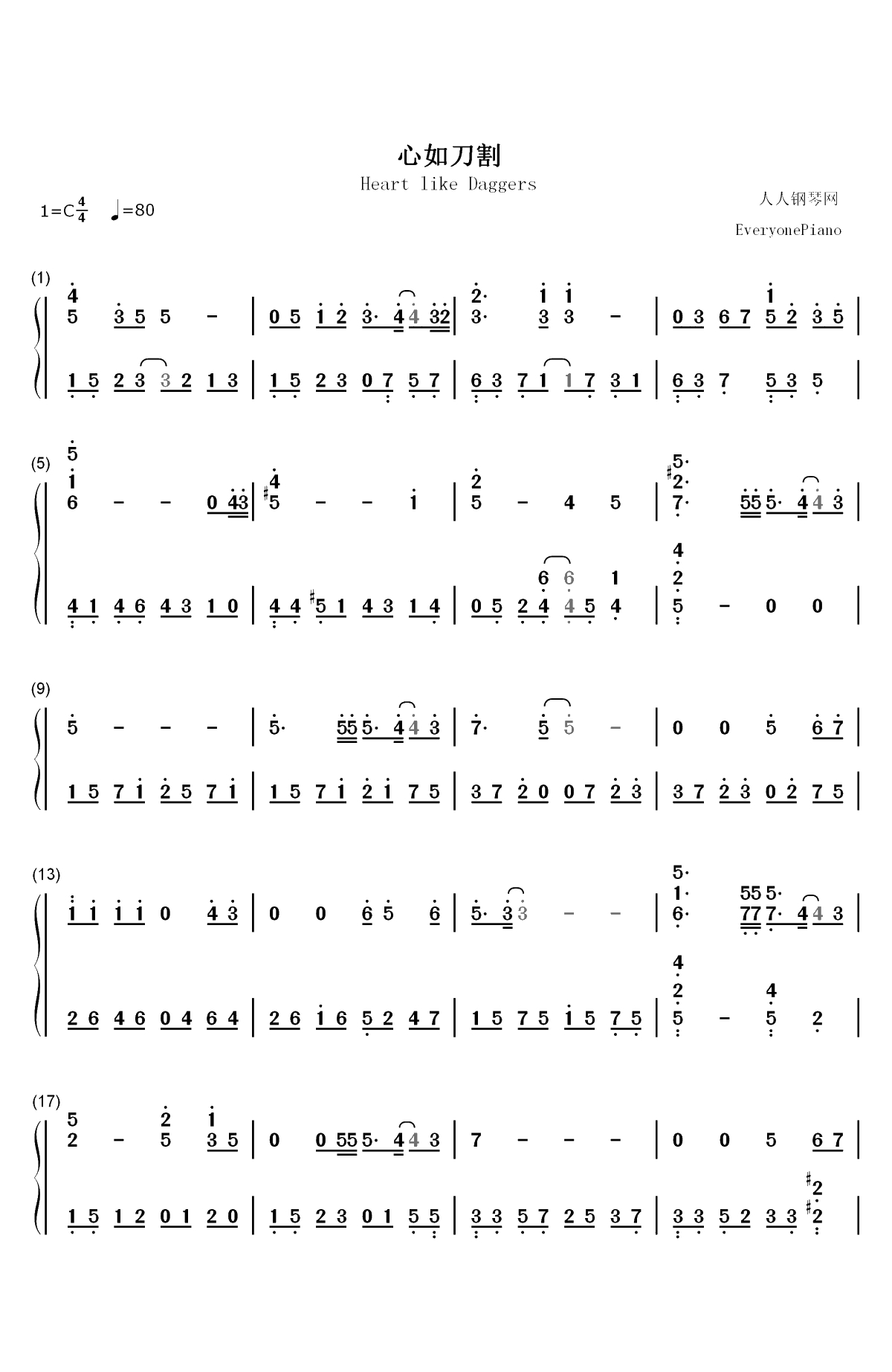 心如刀割-张学友双手简谱预览1