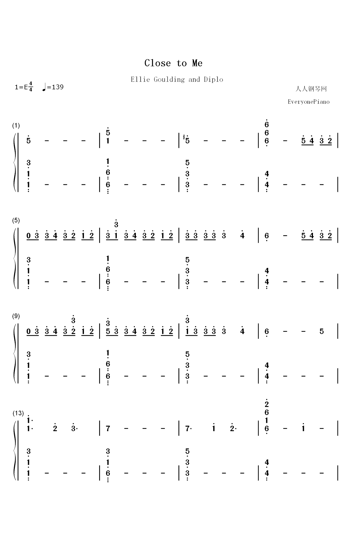 Close to Me-Ellie Goulding和Diplo双手简谱预览1