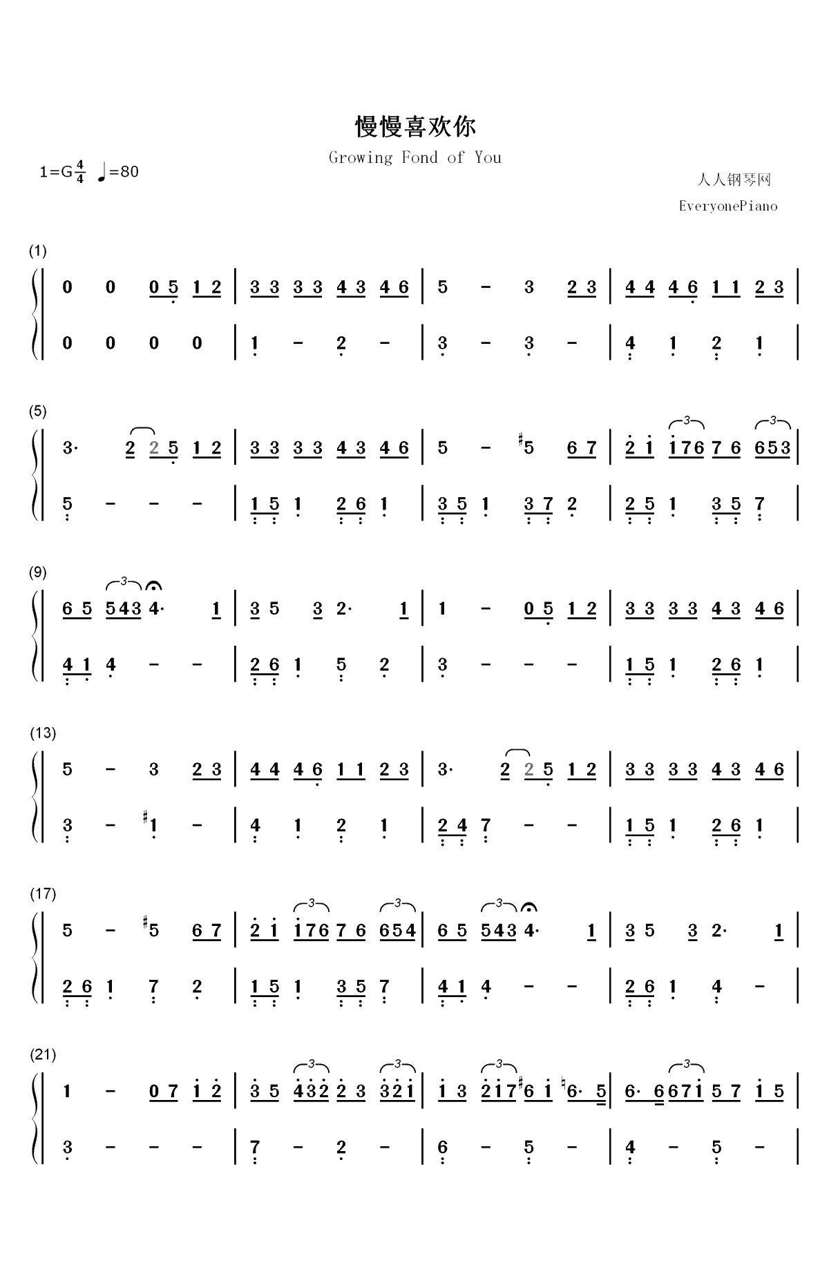 慢慢喜欢你-超级简单版双手简谱预览1