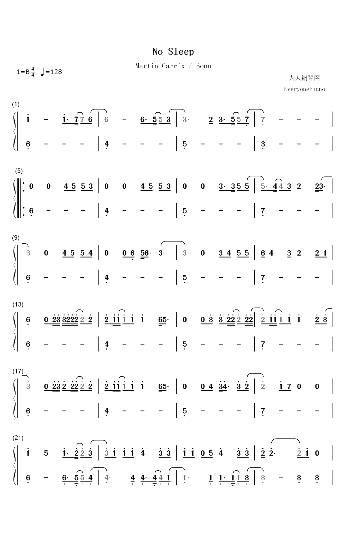 No Sleep-Martin Garrix ft Bonn双手简谱预览1