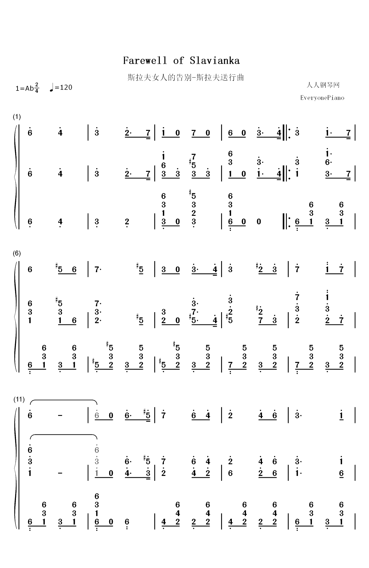 斯拉夫女人的告别-斯拉夫送行曲双手简谱预览1