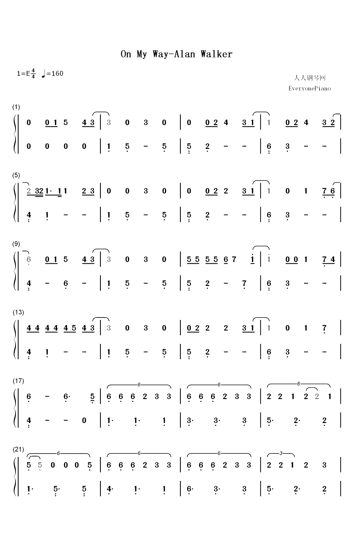 On My Way-简单版-Alan Walker双手简谱预览1