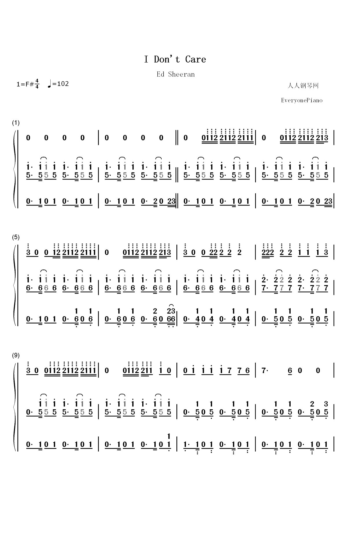 I Dont Care-Ed Sheeran和Justin Bieber双手简谱预览1