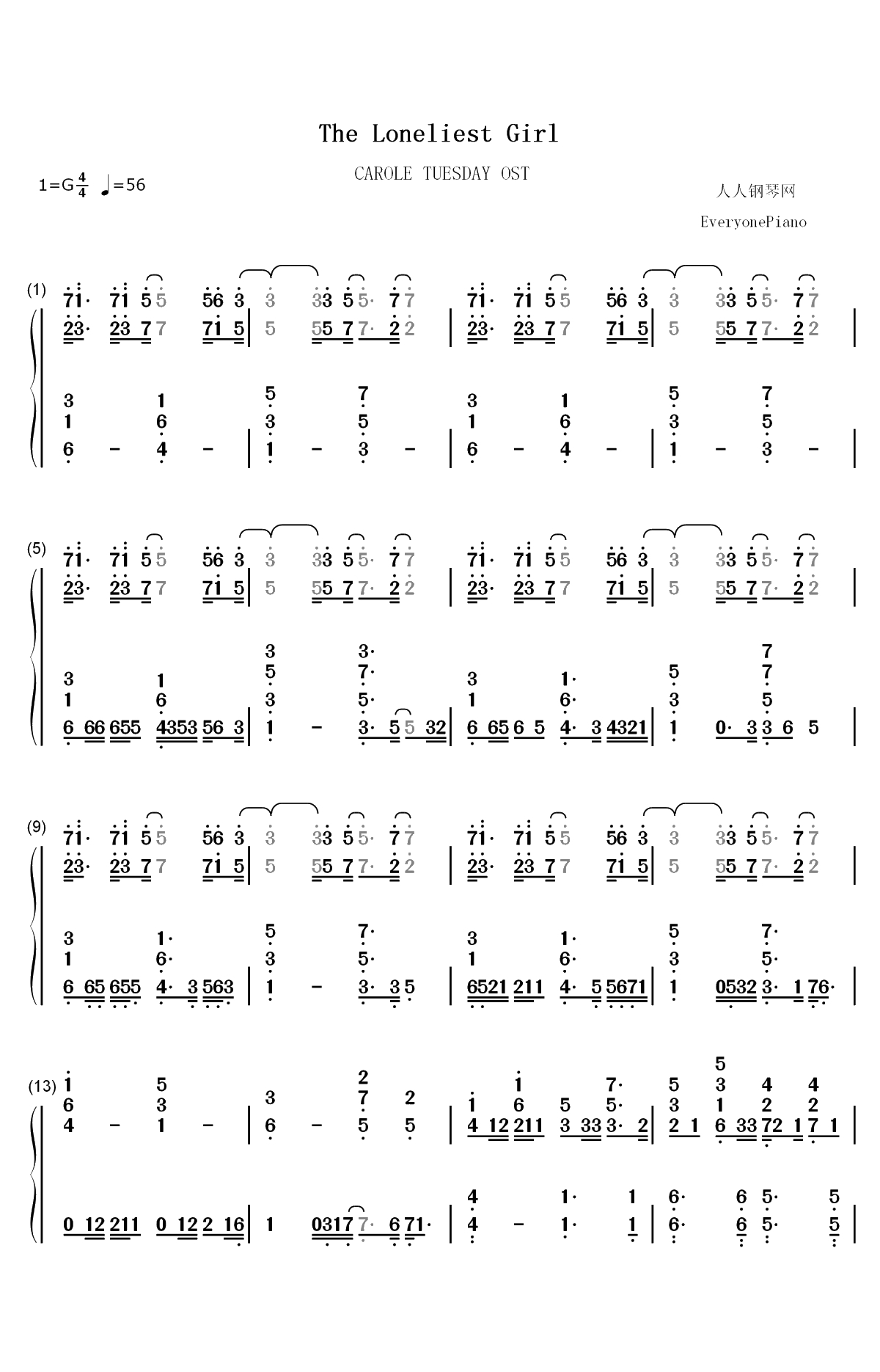 The Loneliest Girl-Carole Tuesday OST双手简谱预览1