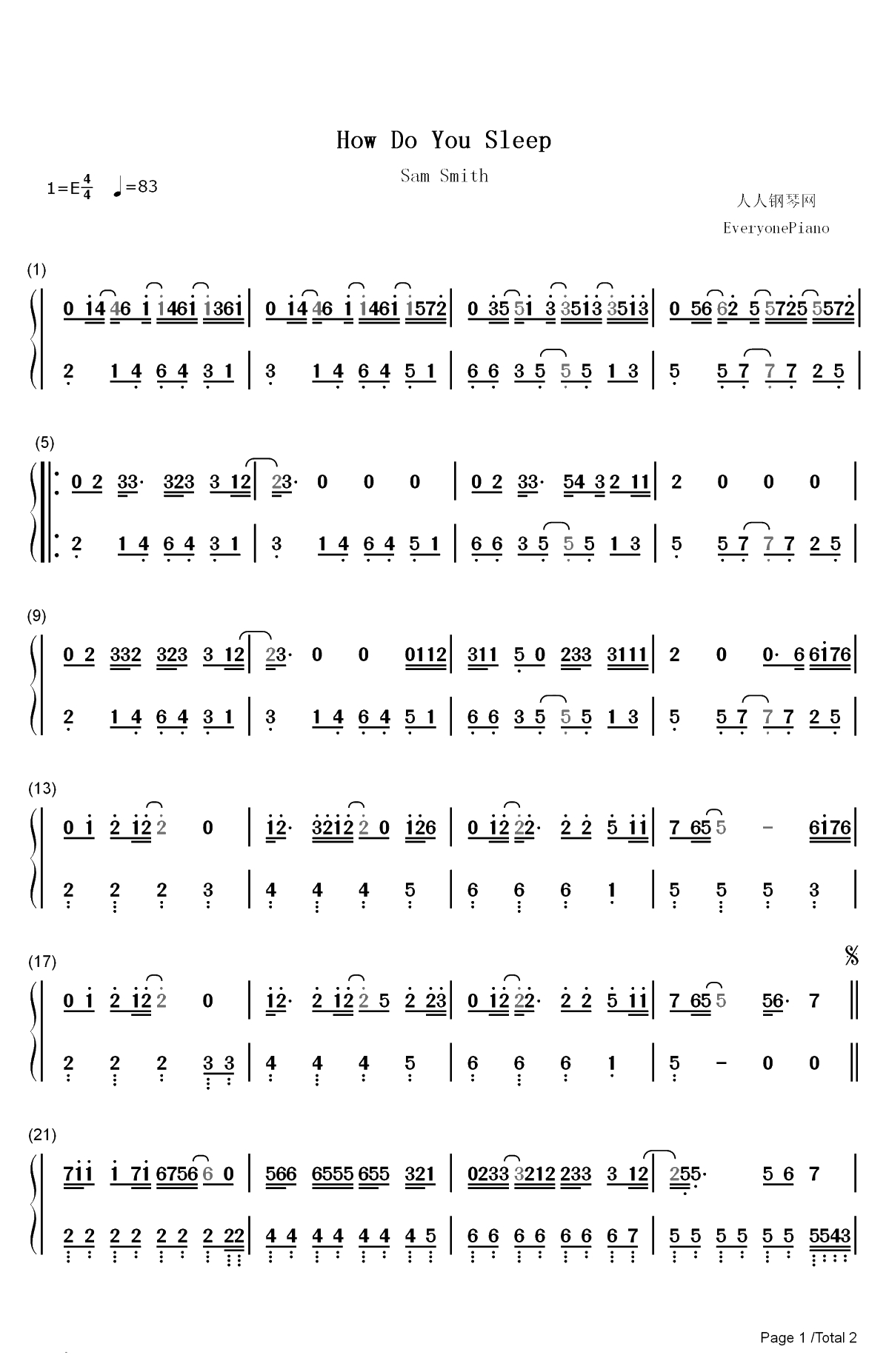 How Do You Sleep-Sam Smith双手简谱预览1
