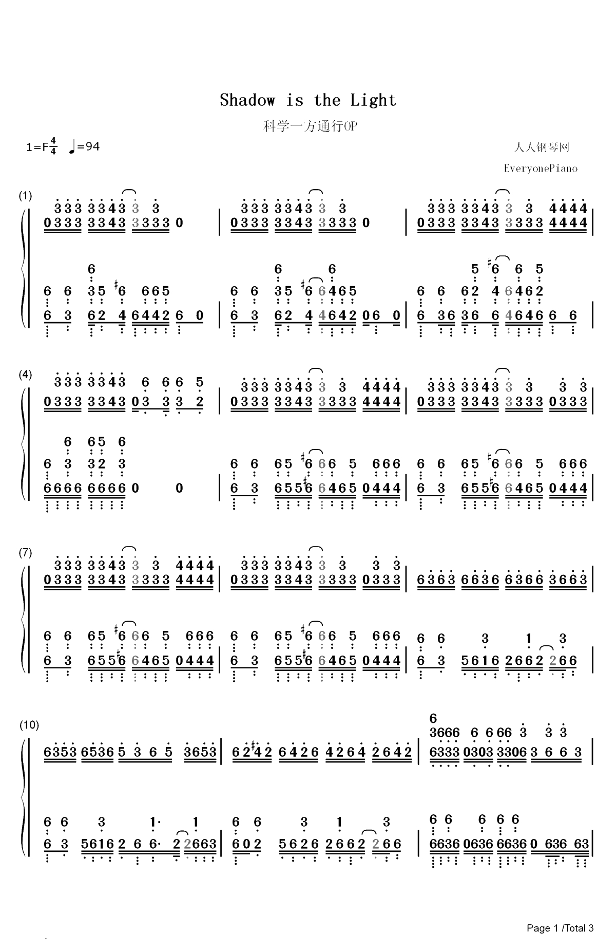 Shadow is the Light-科学一方通行OP双手简谱预览1