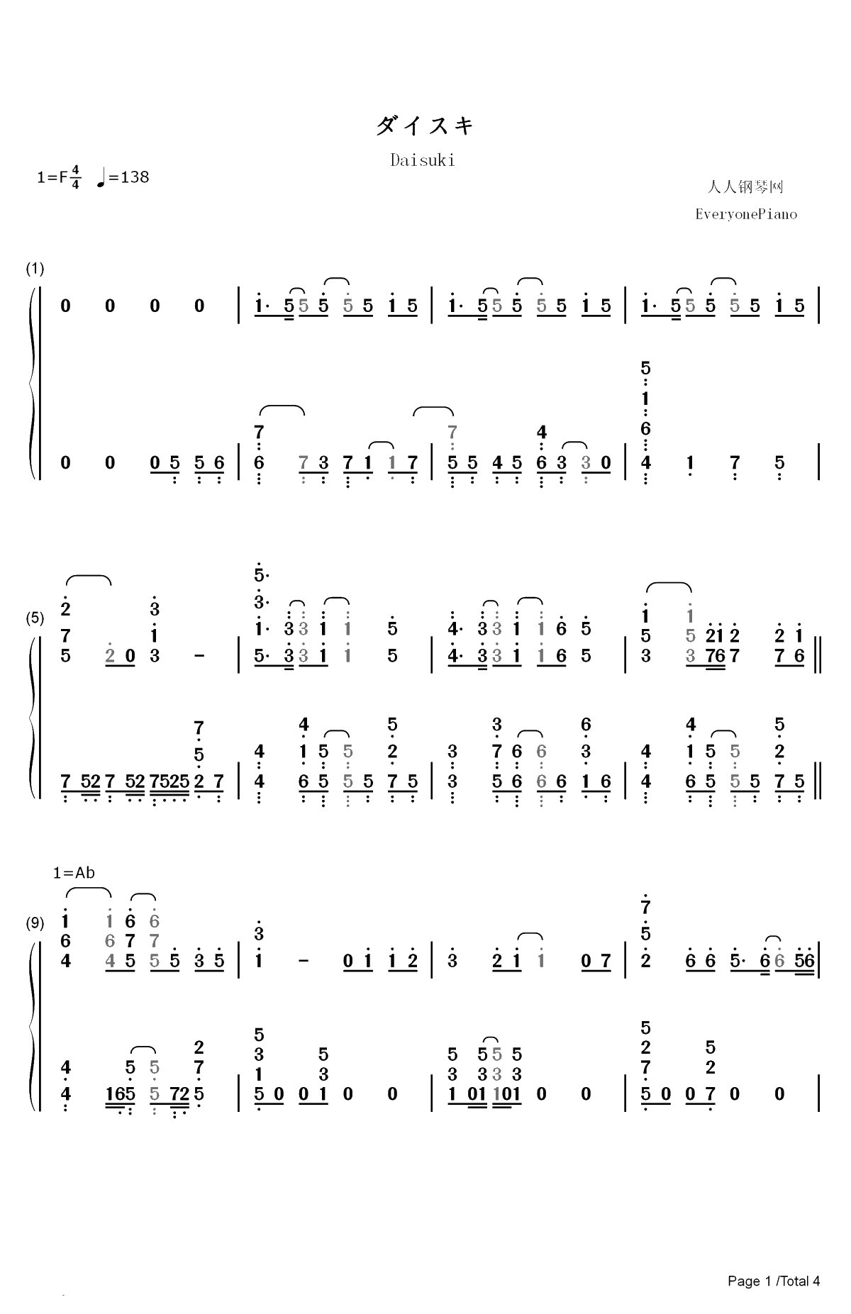 ダイスキ-只要长得可爱即使是变态你也喜欢吗OP双手简谱预览1