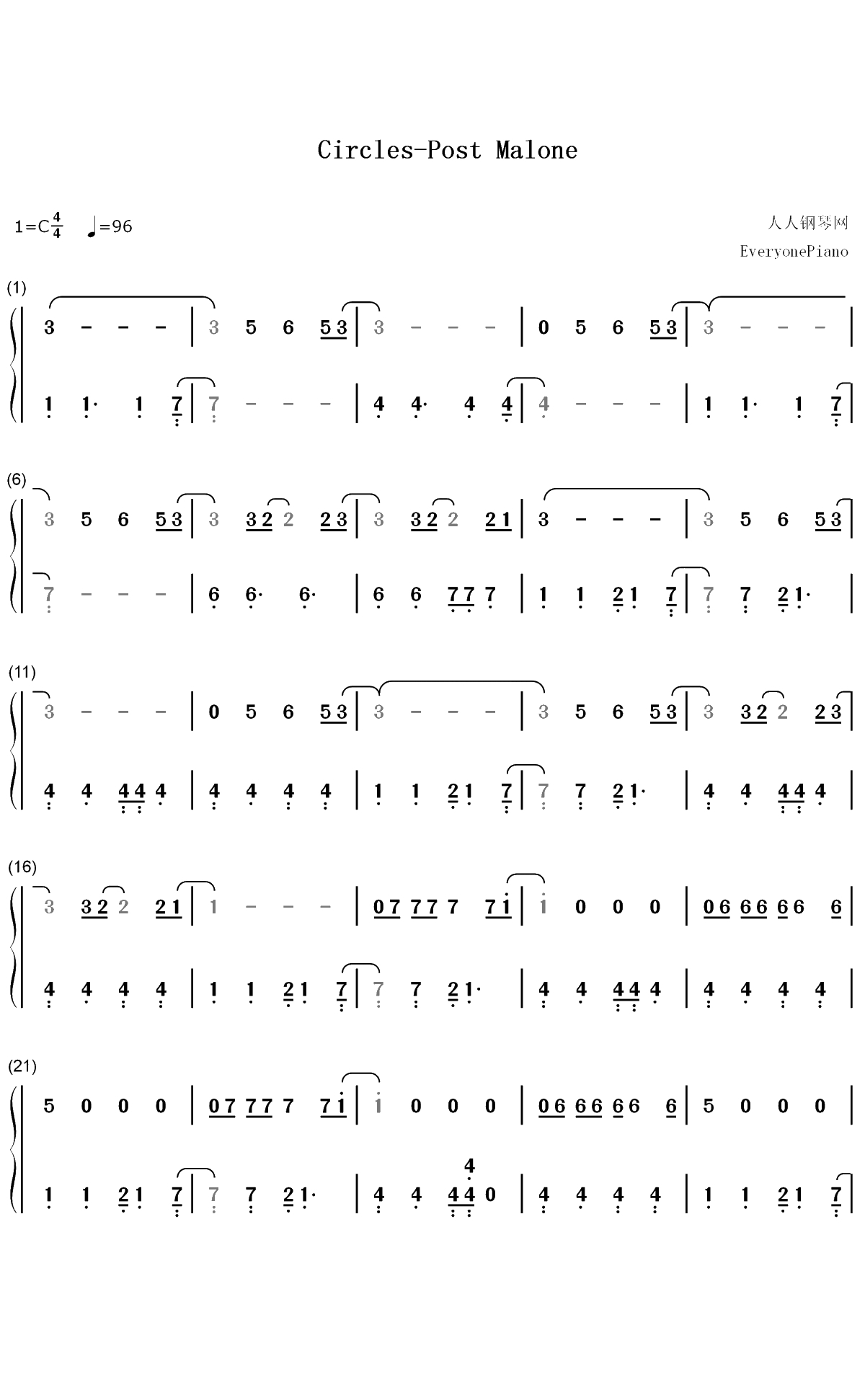 Circles-Post Malone双手简谱预览1