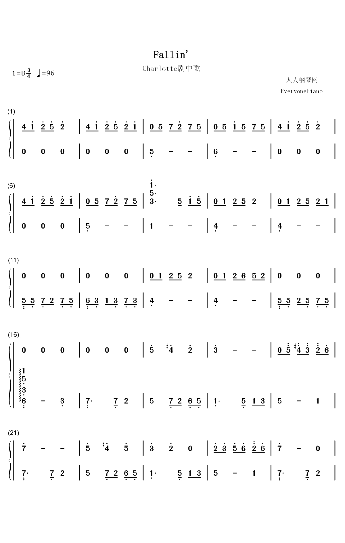 Fallin-Charlotte剧中歌双手简谱预览1