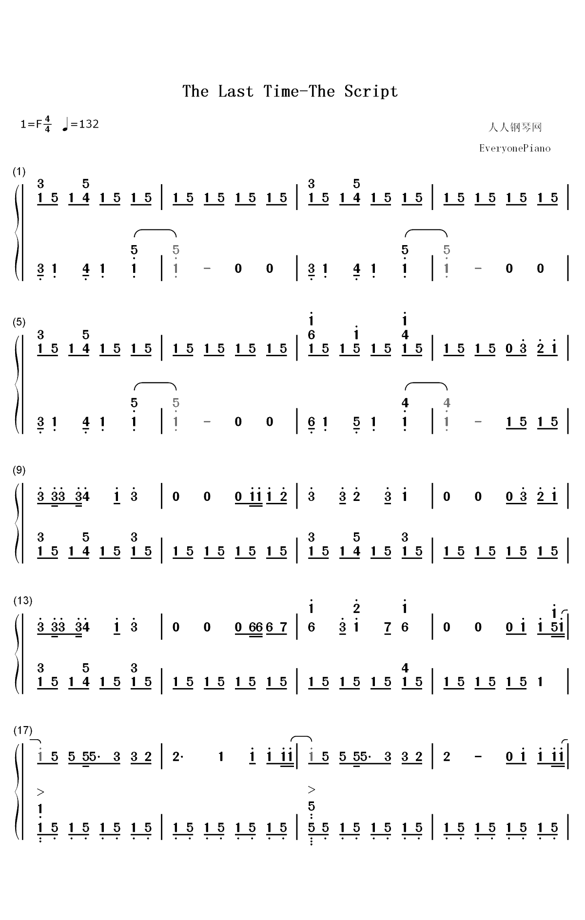The Last Time-The Script双手简谱预览1