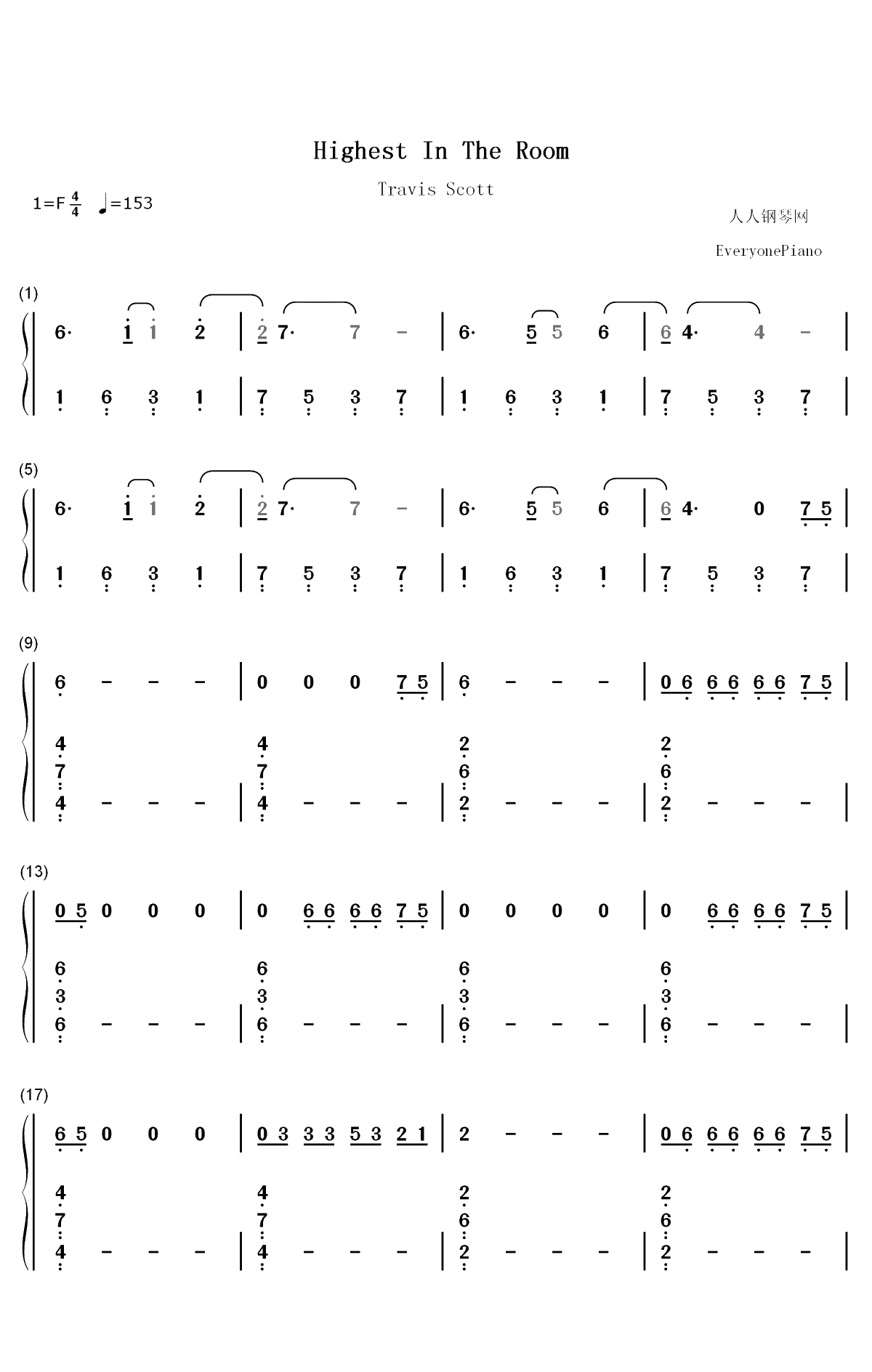 Highest In The Room-Travis Scott双手简谱预览1