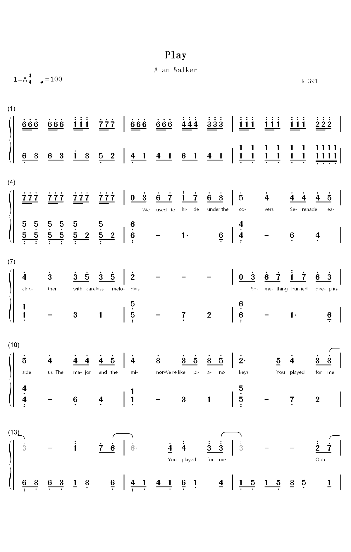 Play钢琴简谱-数字双手-K-391 Alan Walker Tungevaag Mangoo1