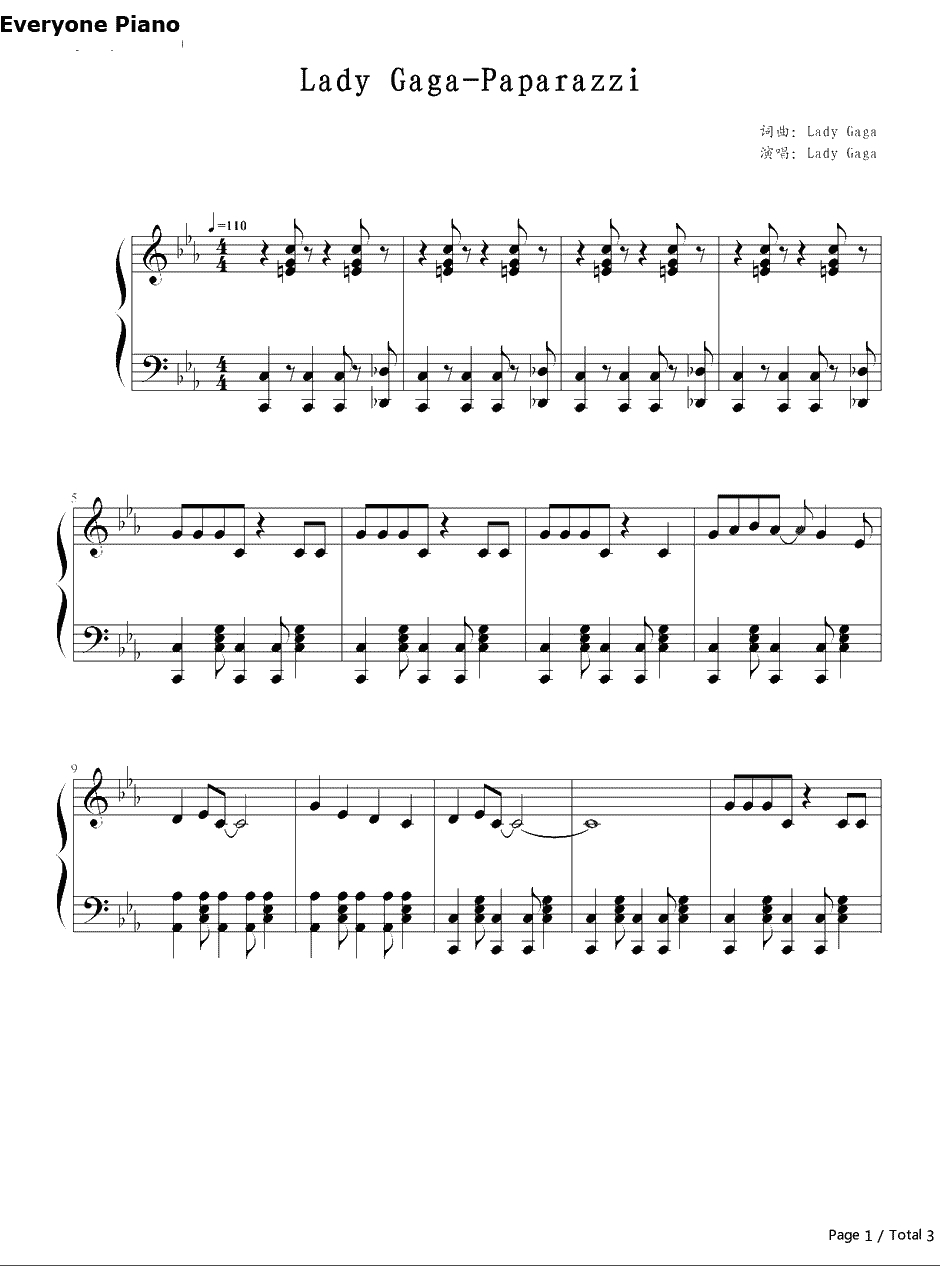 Paparazzi钢琴谱-Lady Gaga-绯闻女孩第二季第一集插曲1