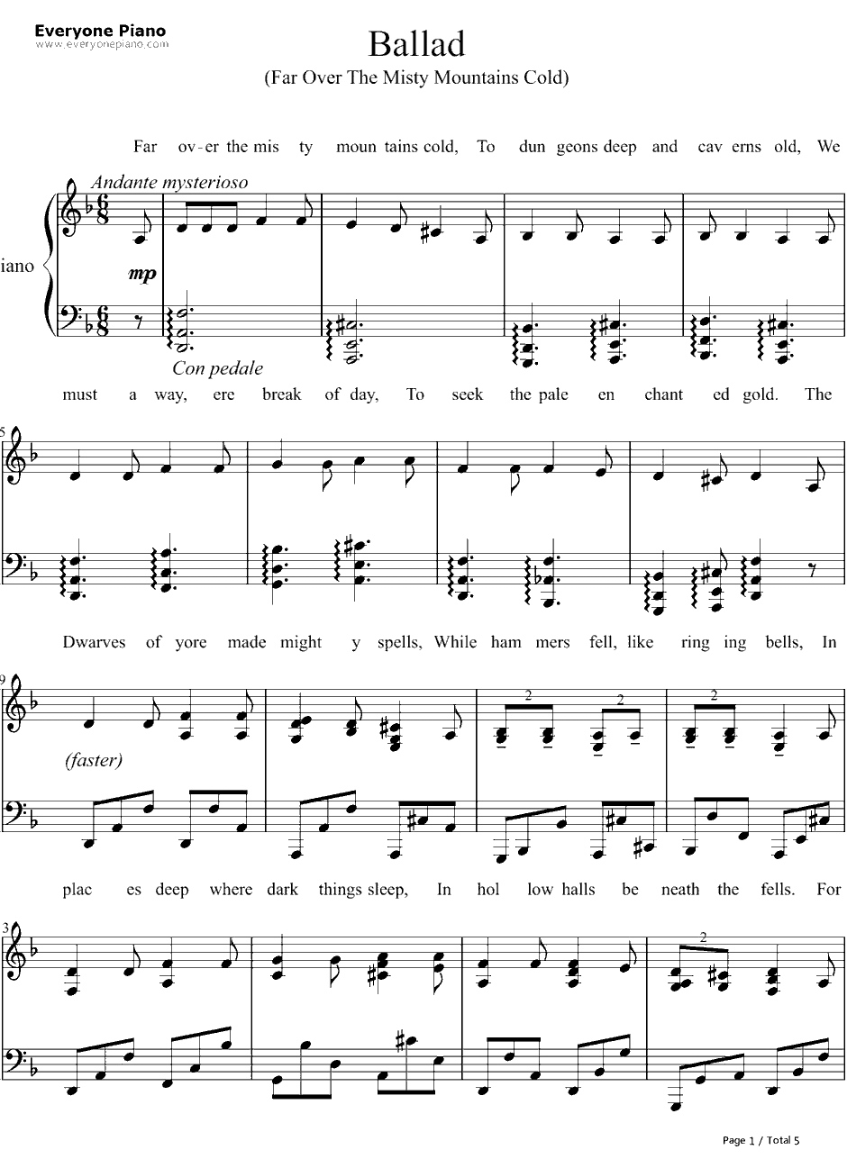 Far over the Misty Mountains Cold钢琴谱-Tolkien-霍比特人OST1