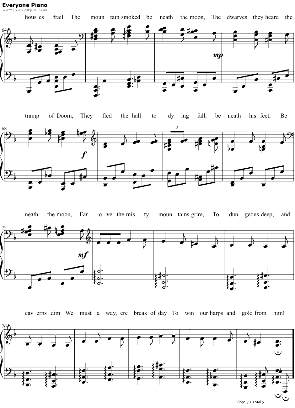 Far over the Misty Mountains Cold钢琴谱-Tolkien-霍比特人OST5