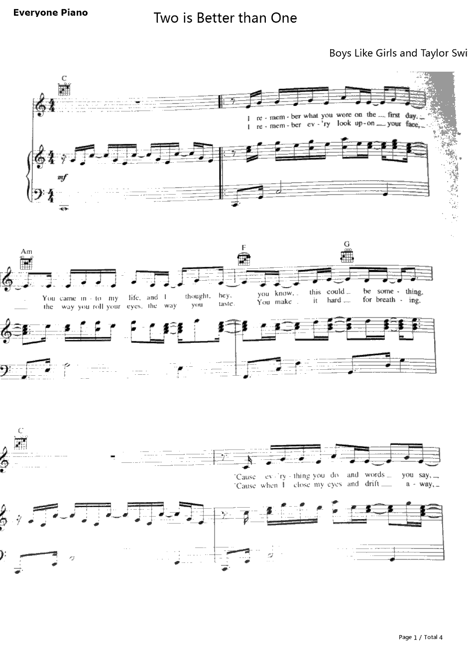 Two Is Better Than One钢琴谱-BoysLikeGirlsFeat.TaylorSwift1