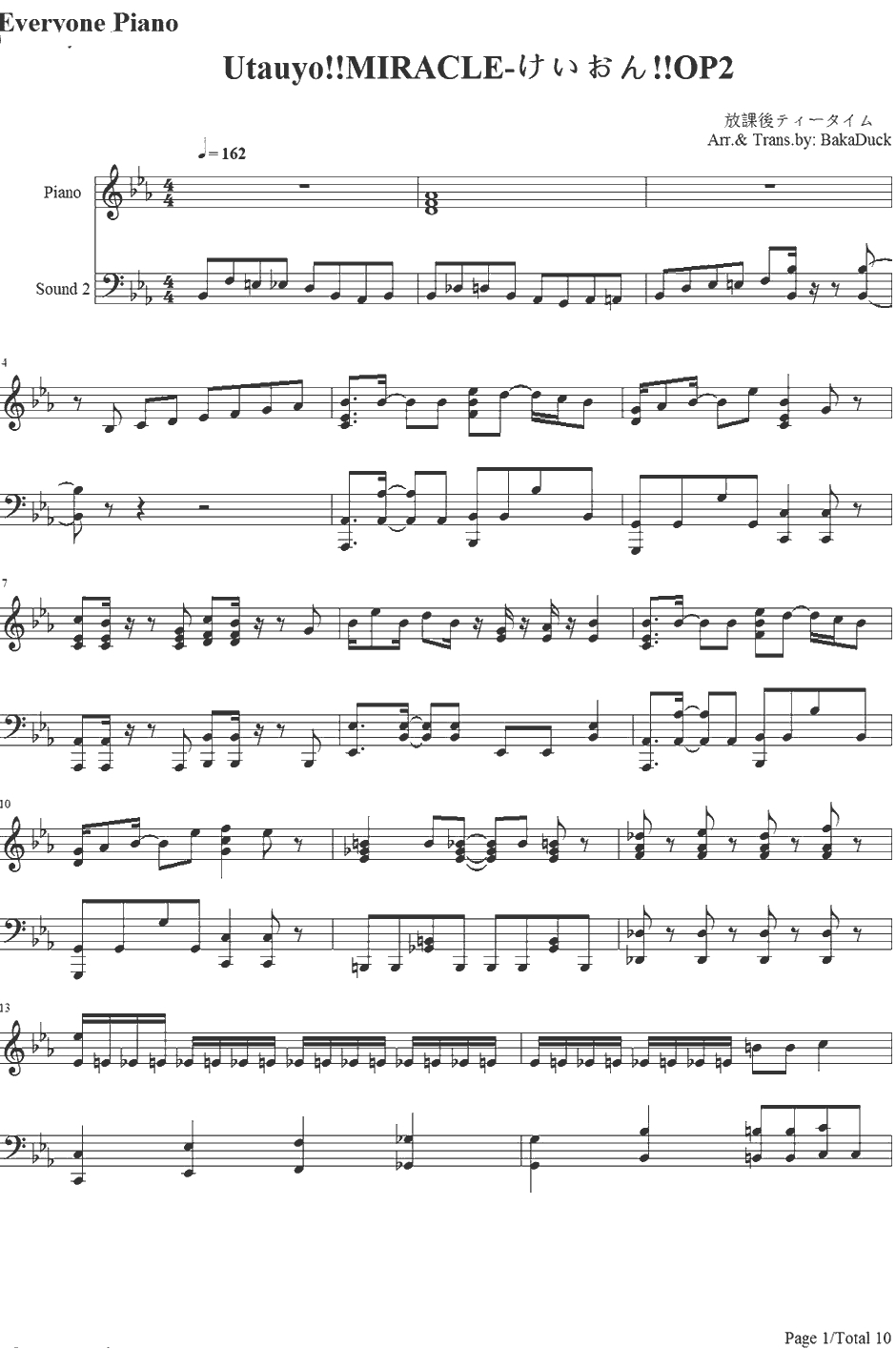 Utauyo! !MIRACLE钢琴谱-放学后茶会-K-ON!!后期主题曲1