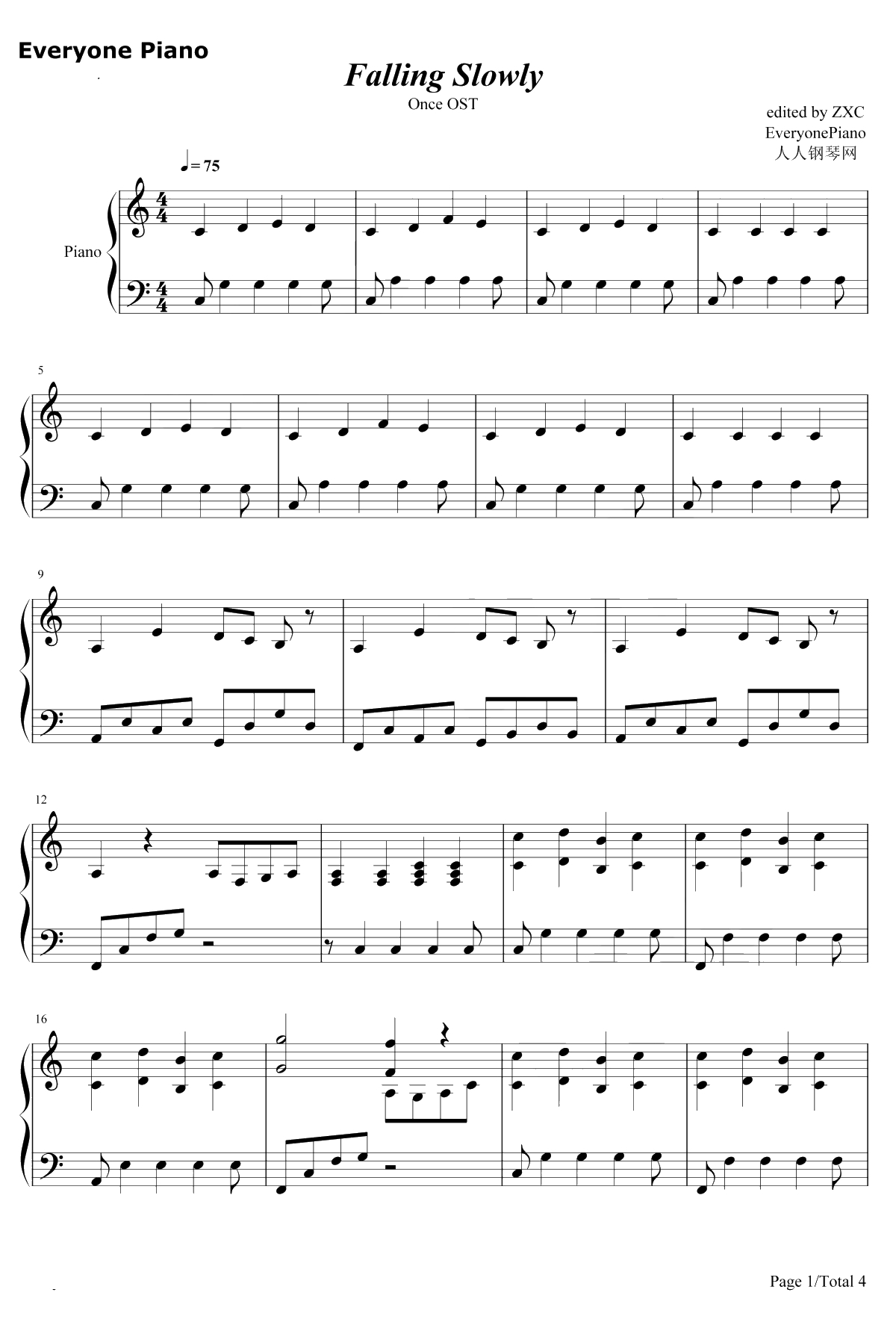 Falling Slowly钢琴谱-格伦·汉塞德玛可塔·伊尔格洛娃-OnceOST1