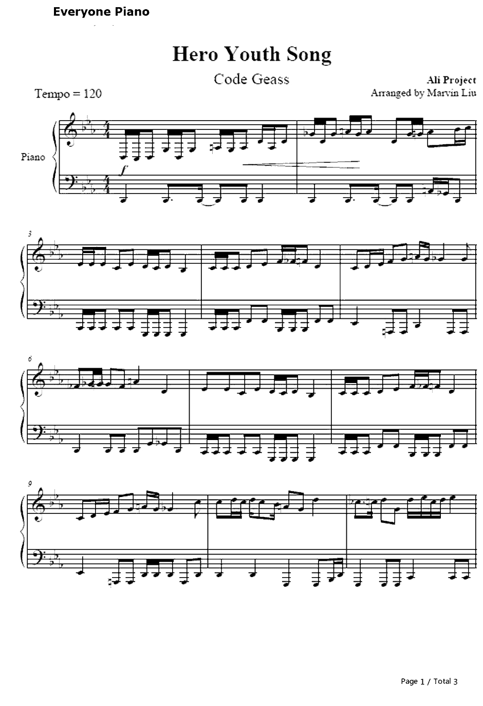 勇侠青春讴钢琴谱-ALIPROJECT-反叛的鲁路修ED11