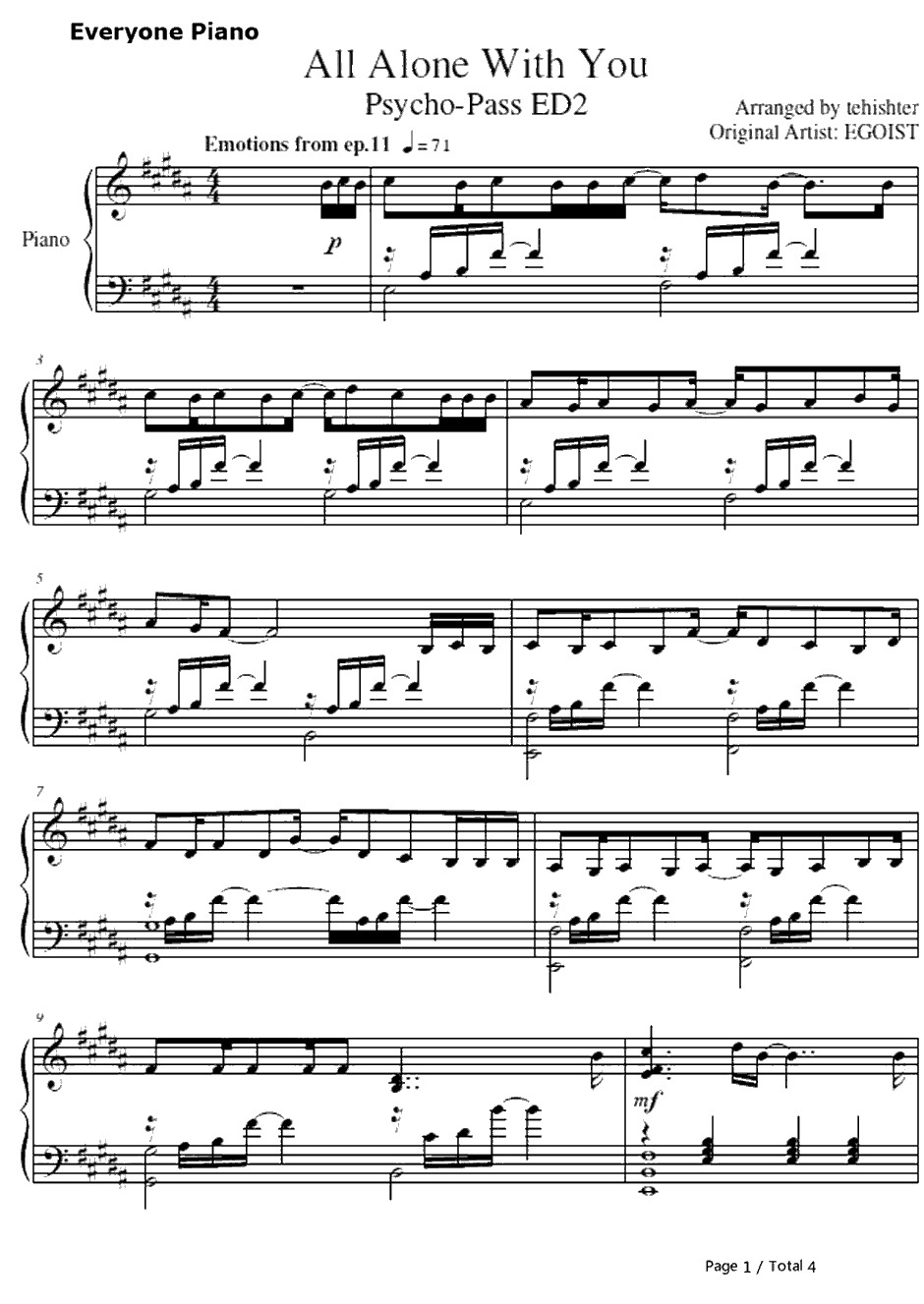 All Alone With You钢琴谱-EGOIST-心理测量者ED21