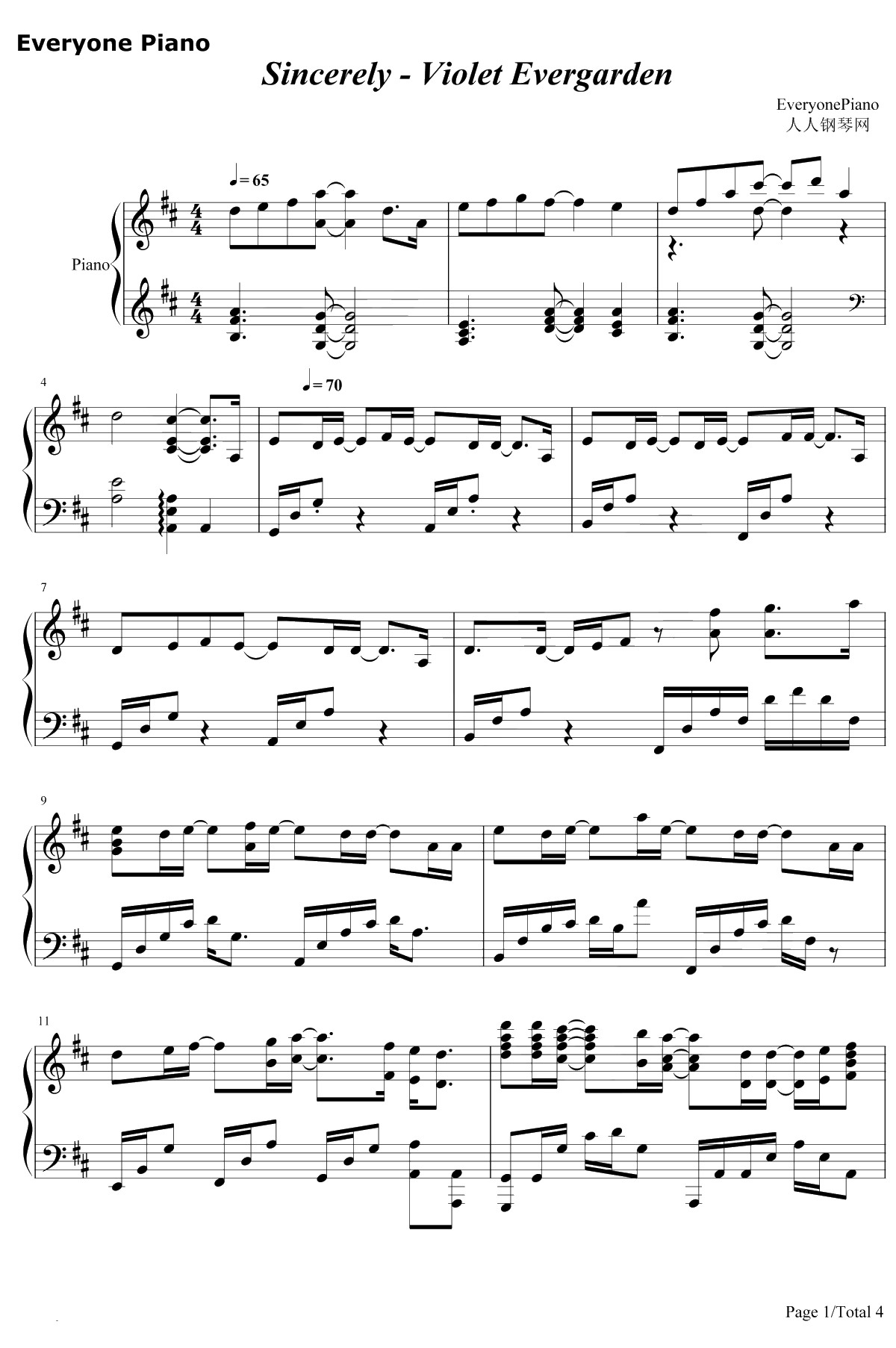 Sincerely钢琴谱-TRUE-紫罗兰永恒花园OP1