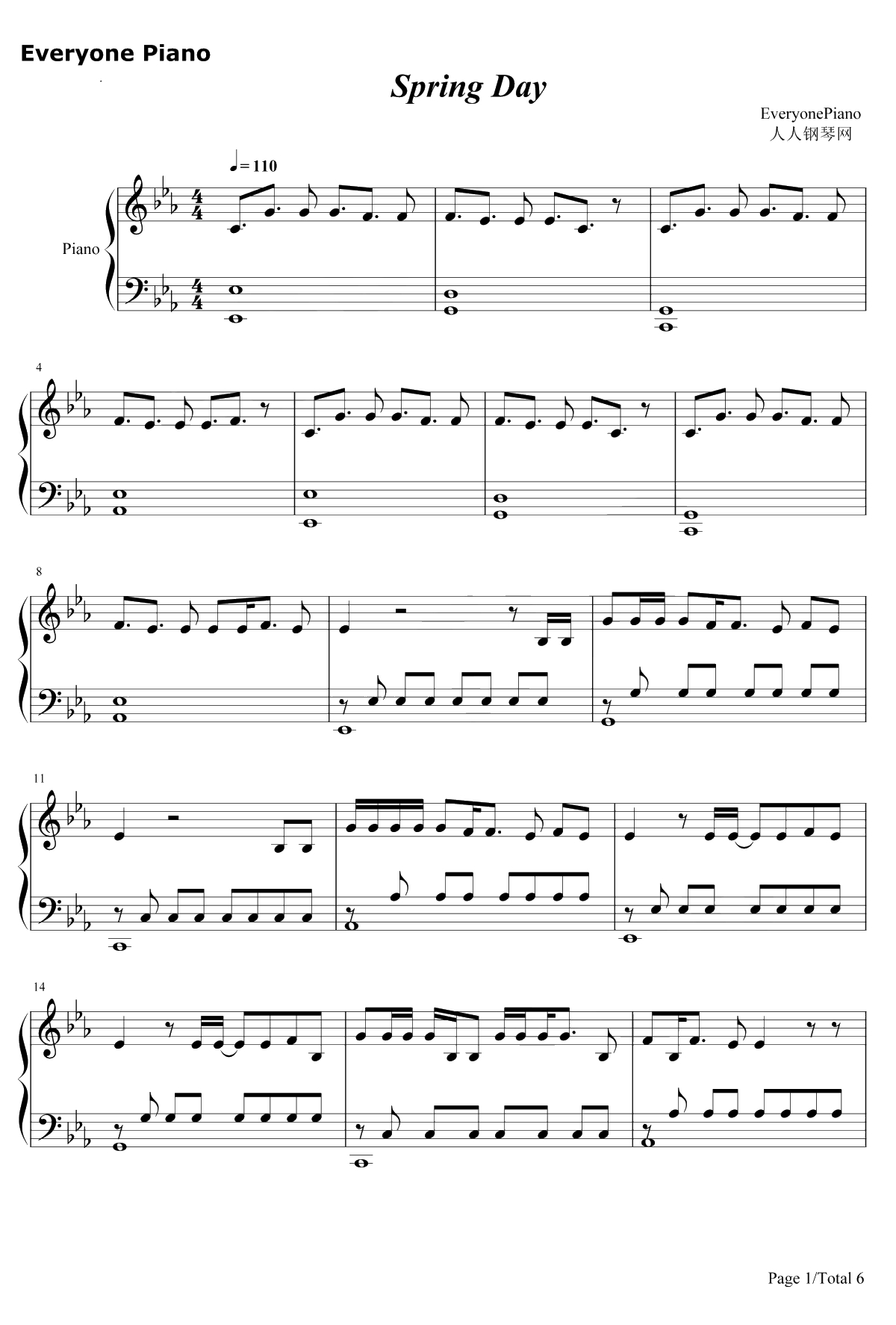 Spring Day钢琴谱-防弹少年团1