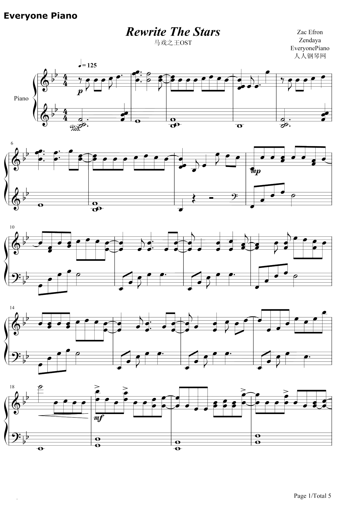 Rewrite The Stars钢琴谱-Zac Efron/Zendaya-马戏之王OST1