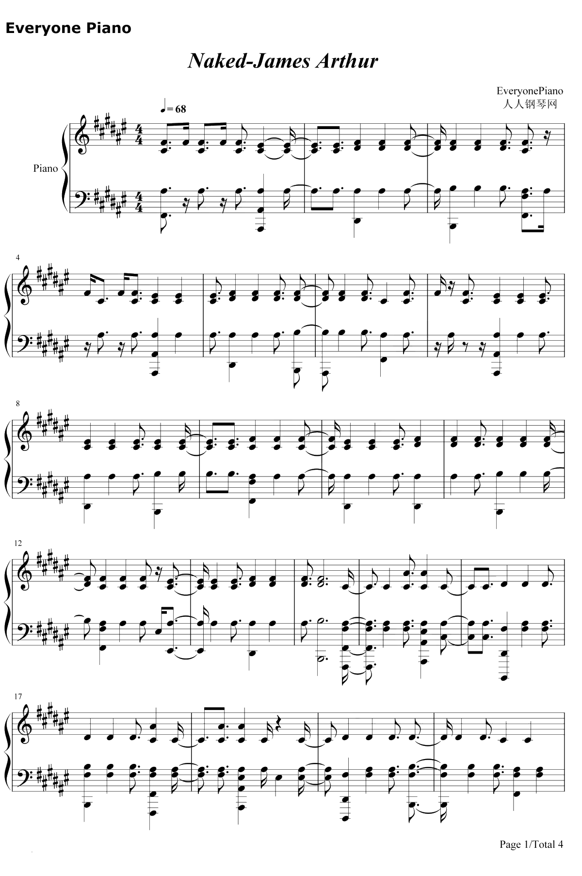 Naked钢琴谱-James Arthur1