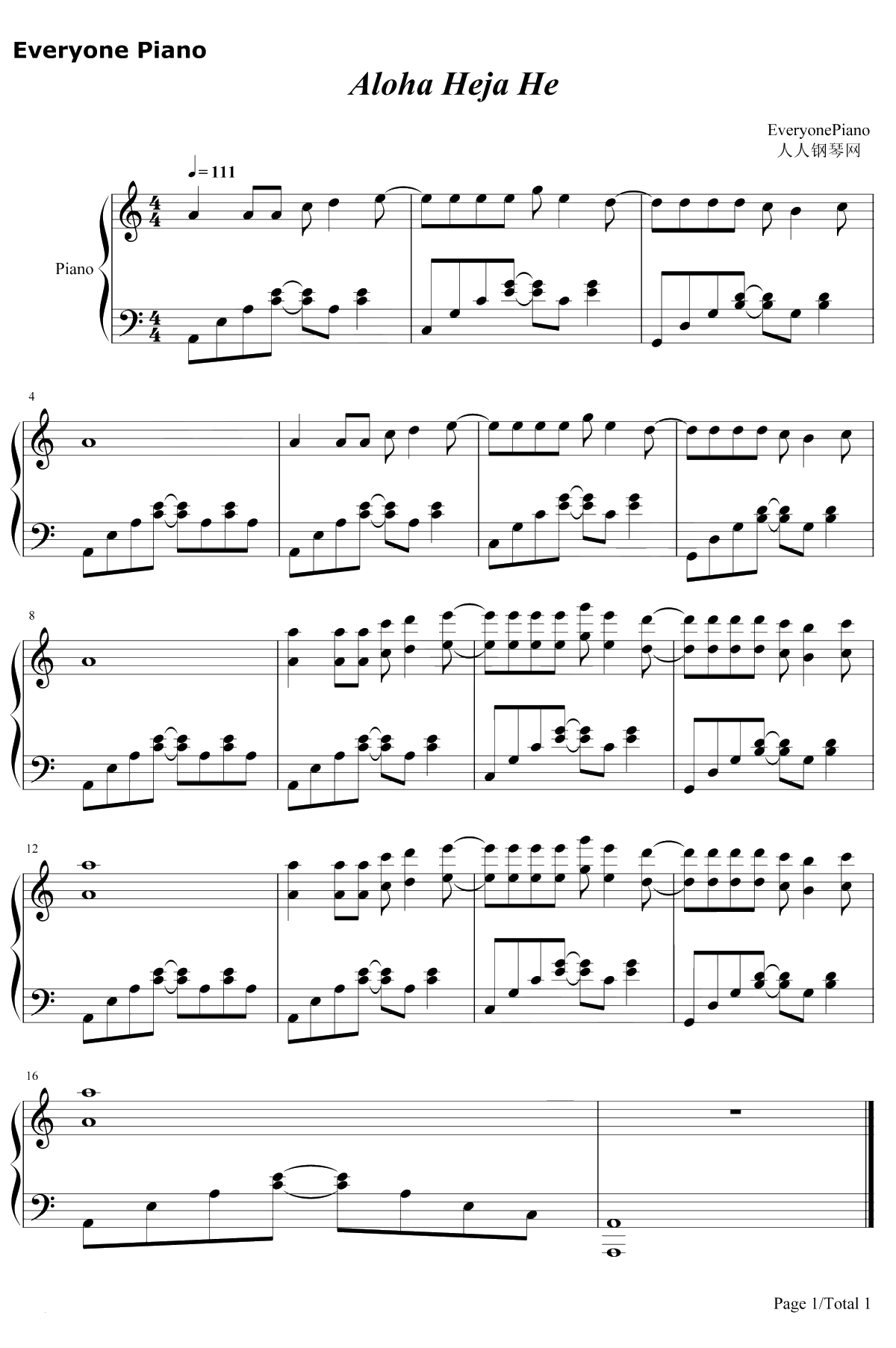 Aloha Heja He钢琴谱-AchimReichel-抖音热门歌曲-越听越洗脑1