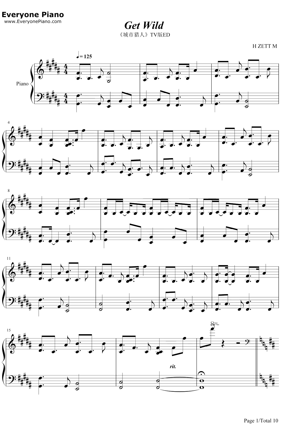 Get Wild钢琴谱-TMNetwork-城市猎人ED1