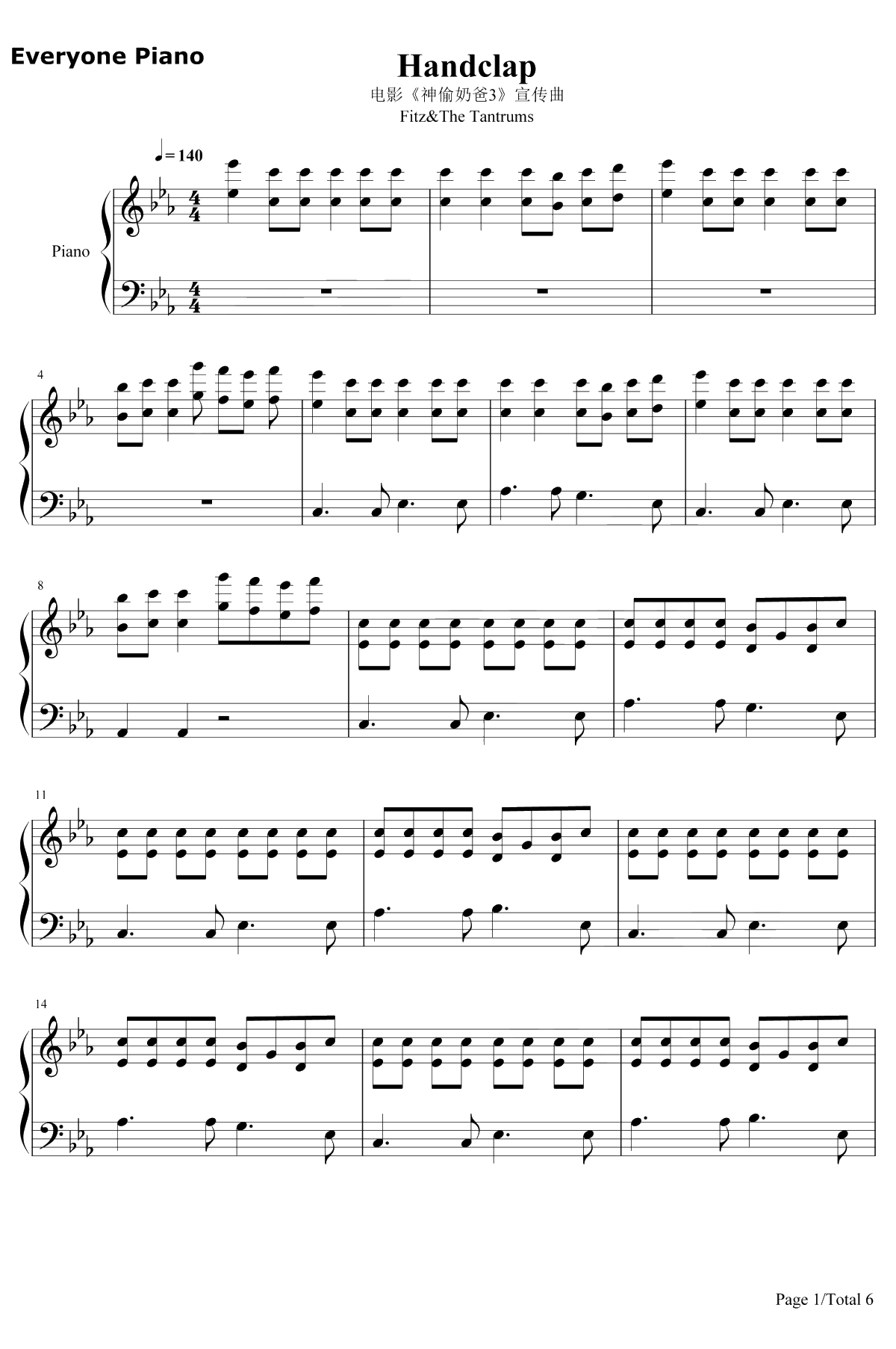 Handclap钢琴谱-Fitz&TheTantrums-神偷奶爸3宣传曲1