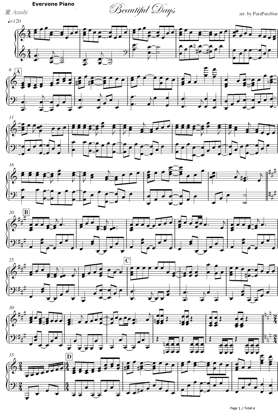 Beautiful Days钢琴谱-岚-流星之绊主题曲1