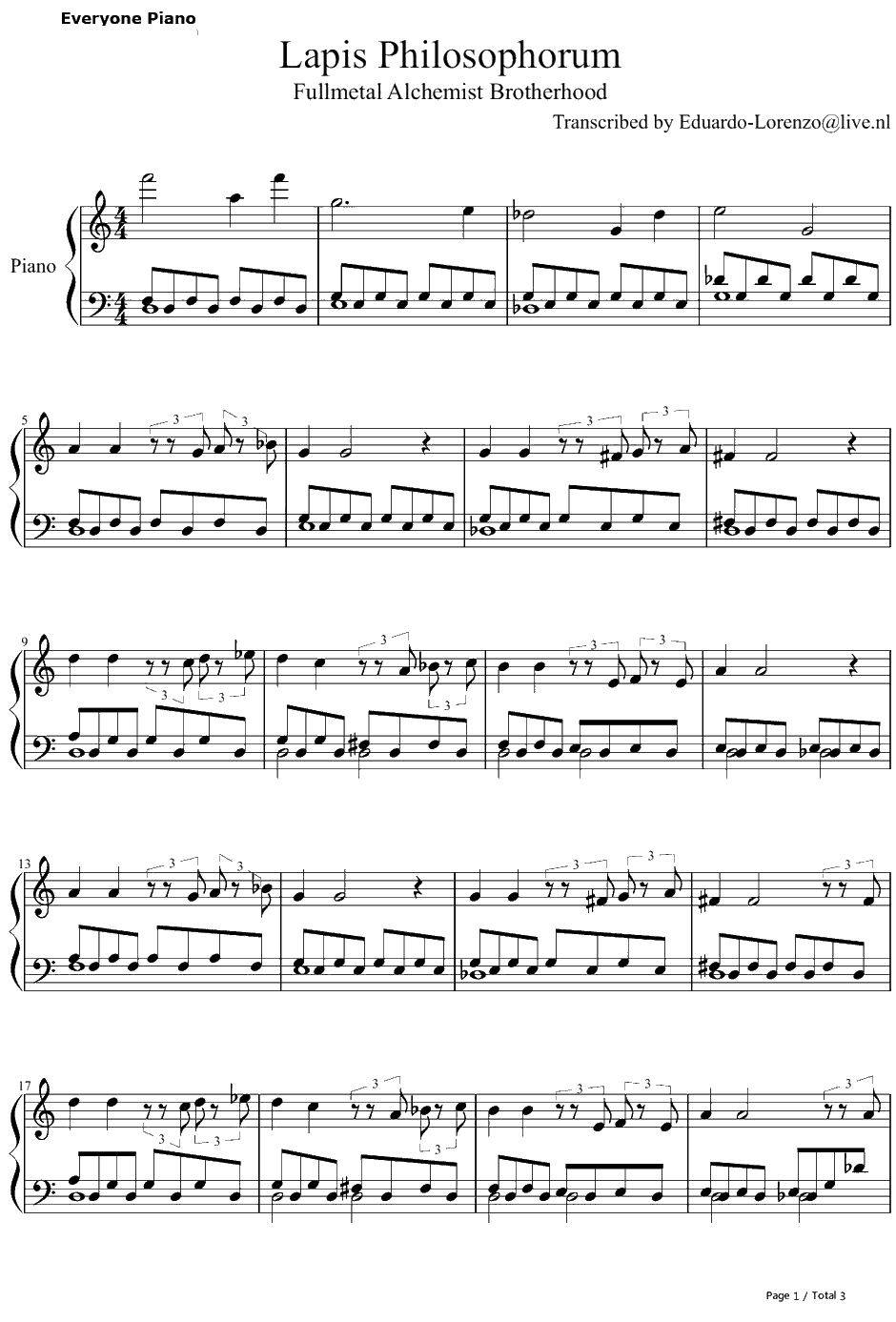 Lapis Philosophorum钢琴谱-クワイア千住明-钢之炼金术师FULLMETALALCHEMIST插曲1