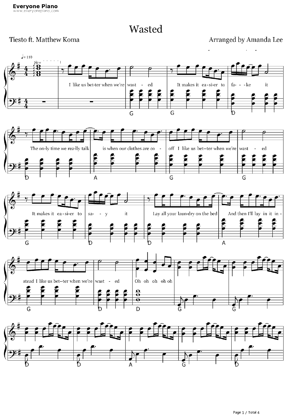 Wasted钢琴谱-Tiesto&MatthewKoma1