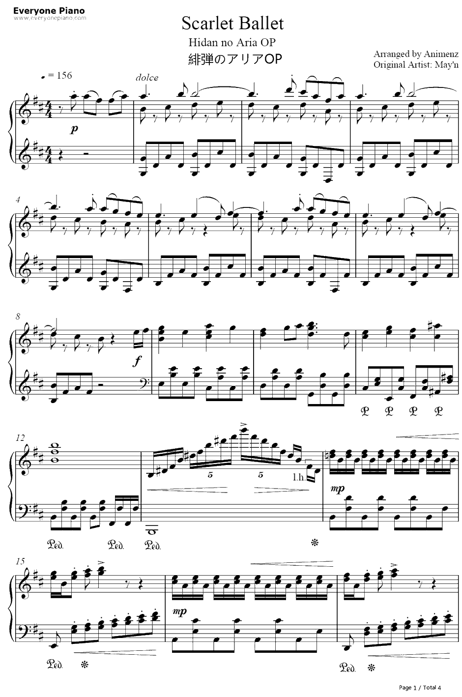 Scarlet Ballet钢琴谱-May'n-绯弹的亚里亚OP1