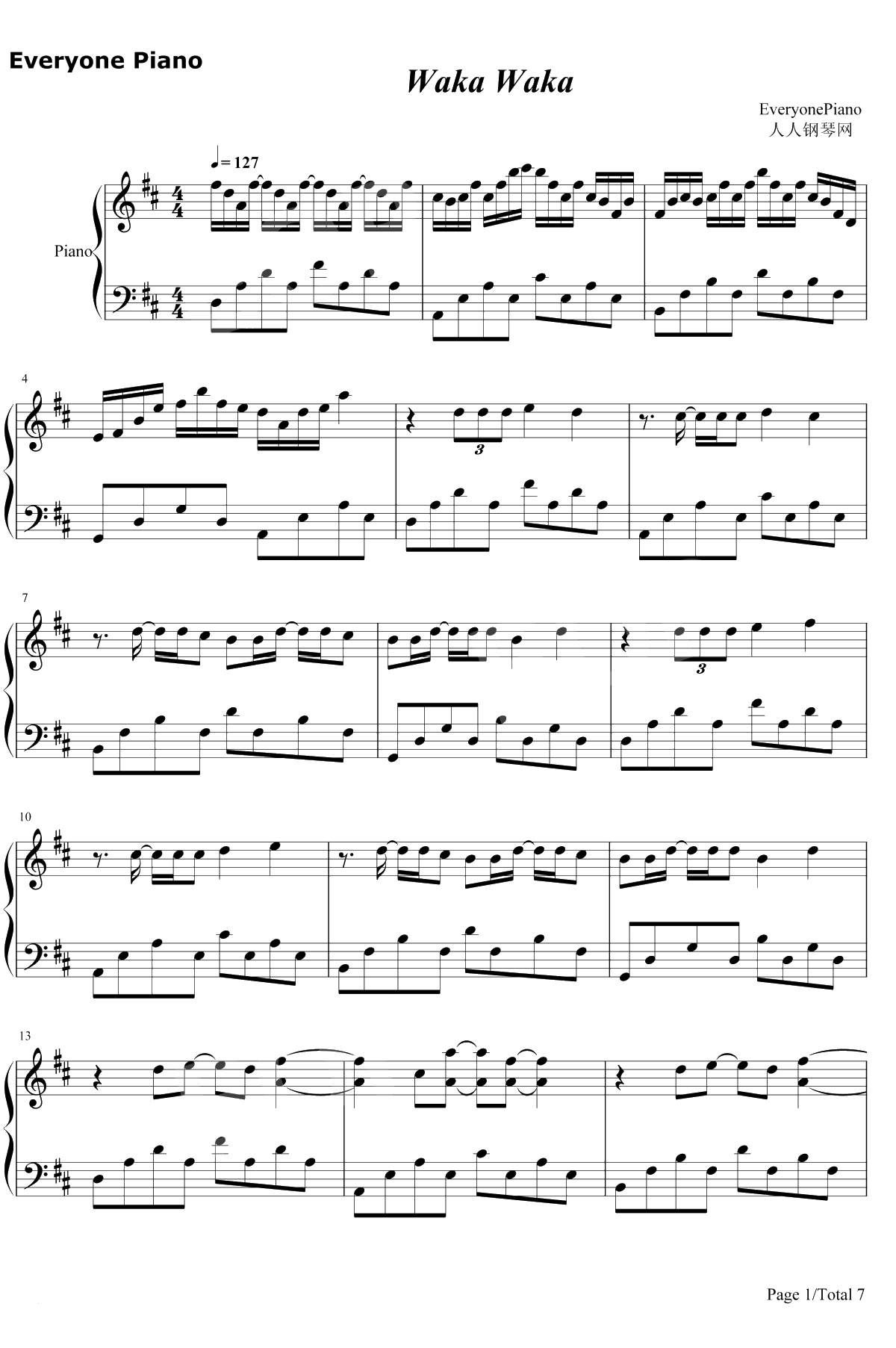 Waka Waka钢琴谱-Shakira1